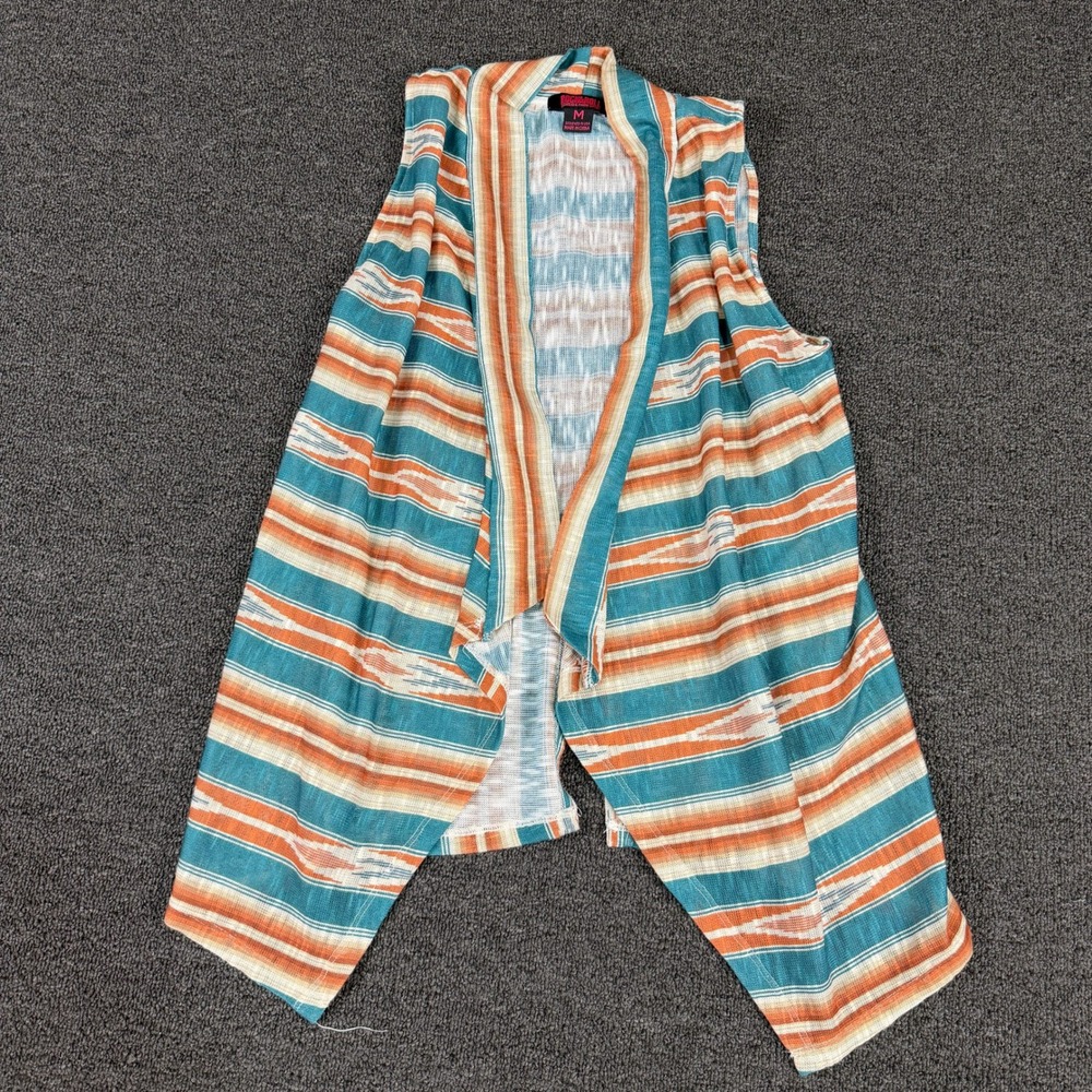 Rock & Roll Denim Vest Womens Medium Teal Orange Ikat Stripe Open Front EUC
